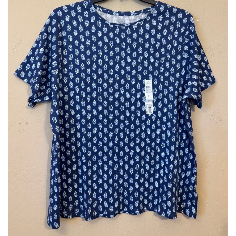 Croft & Barrow Shirt Women 2X Navy Blue Floral Classic Crewneck Cotton Tee NEW